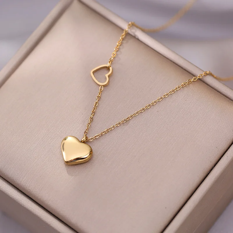 

Collar De Corazon Hot Selling Women Gold Plated Stainless Steel Double Heart Necklace For Valentine Day Gift