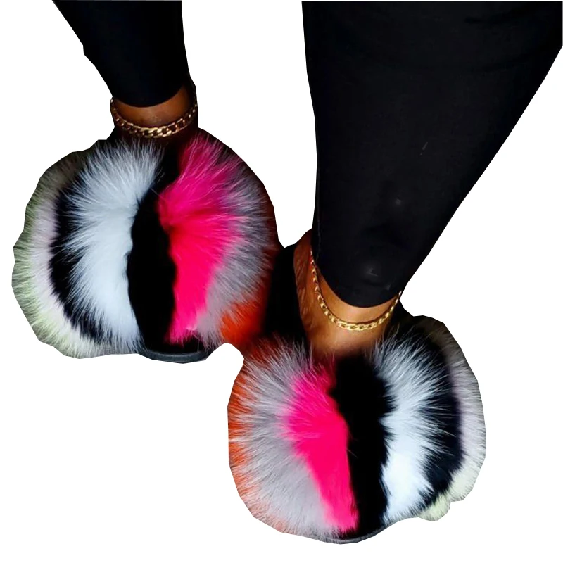 

New Arrival Girl Luxury Fluffy Fur Slippers Ladies Indoor Warm Furry Fur Flip Flops Women Amazing Plush Fur Slides Wholesale Hot