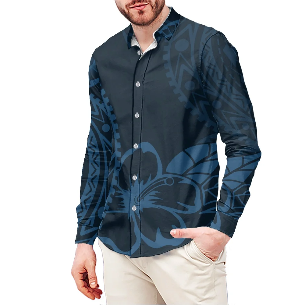 

Samoa Polynesian Blue Tribal Flower Special Pattern Long Sleeve Button Down Shirt in Custom Fit Casual Men Shirt Office Wear, Customized color