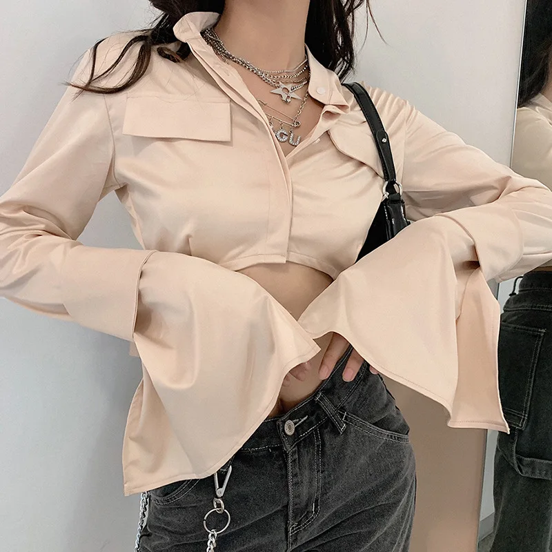 

Fashion Long Flare Sleeve Cropped Button Up Pocket Winter Shirts For 2020 Blouses Elegant Women, Customized color