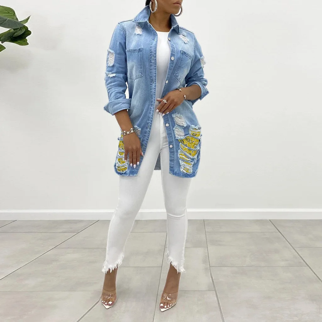 

Womens Denim Ripped Distressed Button Down Mid Long Casual Jean Jackets, Customized color