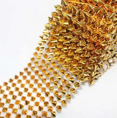 

5Yard Gold Sew Stitch On Pointed Spike Stud Cone Flatback Punnk Rock Trim Rhinestone Mesh Bead Craft