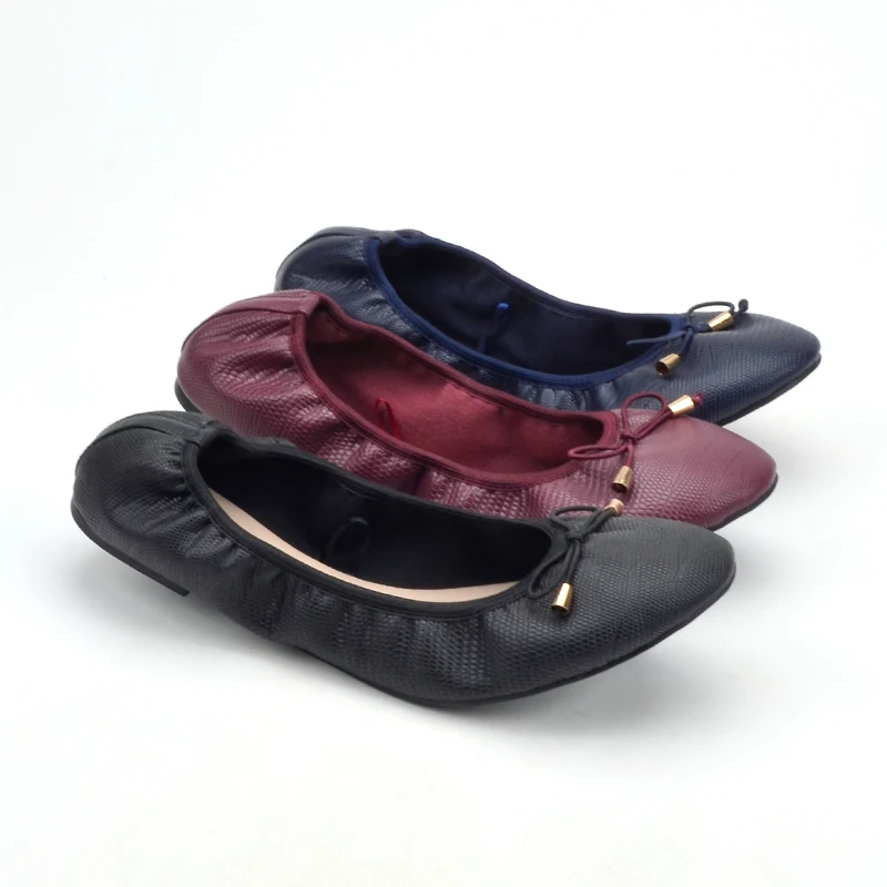 

Round toe ribbon bows lizard texture foldable slip on women casual ladies flat shoes, Black/navy/wine