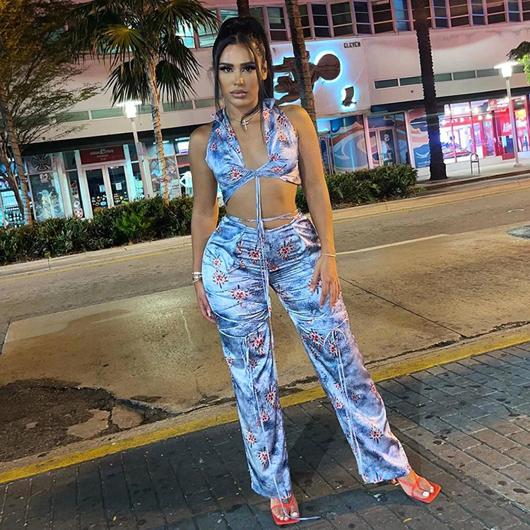 

Summer Fashion Sexy V Neck Sleeveless Crop Tops Lace Up Printed String Two Piece Pants Sets Women New Arrivals 2 Pc Tank Top Set, Blue