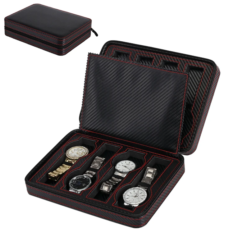 

8 Slots Carbon Fiber Travel Zipper Watch Cases Wholesale Couple Set Packaging Box Cases