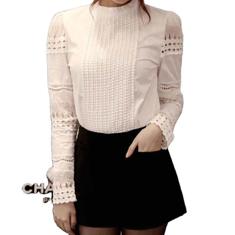 

New Arrival Women Blouses Slim Bottoming Long-sleeve White Shirt Lace Hook Flower Hollow Plus Size Ladies' Blouses & Tops