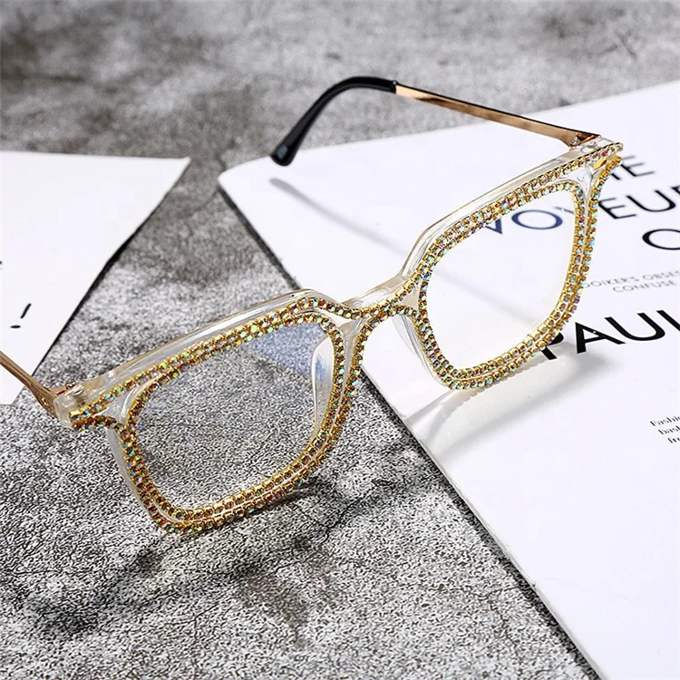 

Jiuling Eyewear pc frame metal legs eyeglasses rhinestone frame crystal len plain spectacles women female optical rivet oculus, Mix color or custom colors