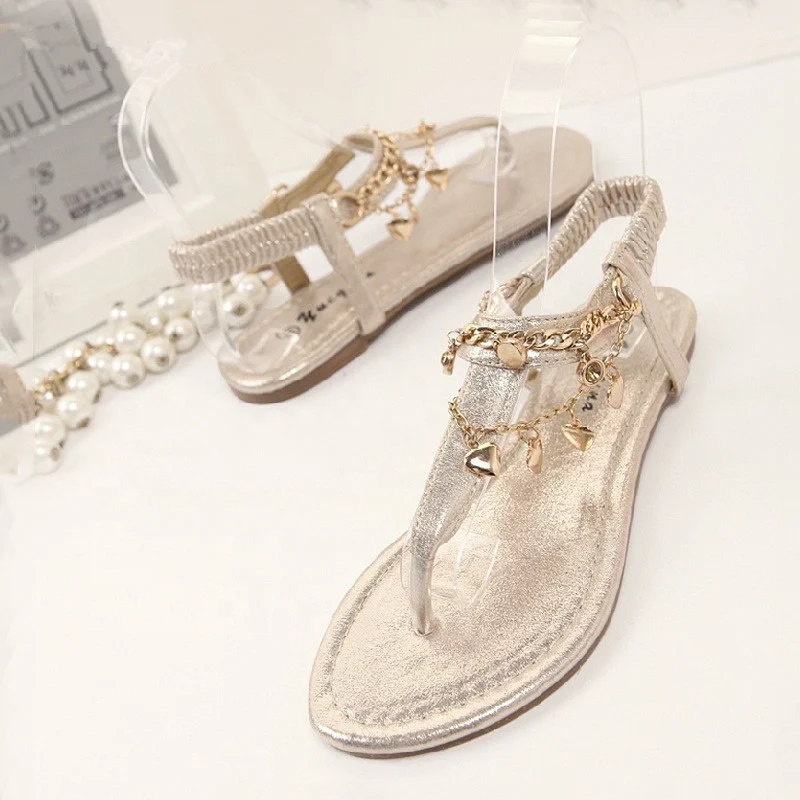 

B24533A Metal chain luxurious Roman flat sandals, Black, brown