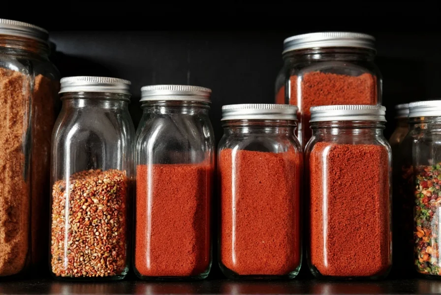 Proper storage containers for crushed red pepper showing airtight glass jars in a dark pantry