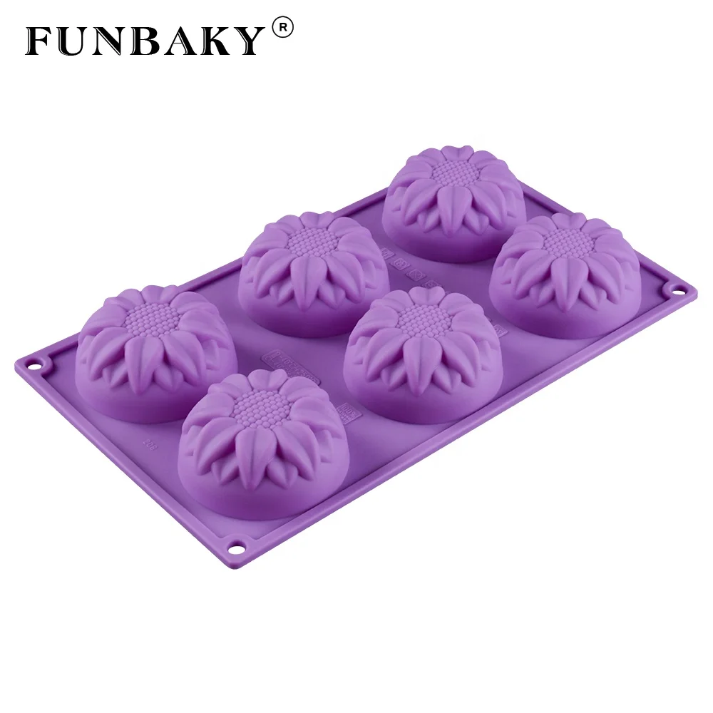 

FUNBAKY JSC208 Reusable 6 cavity bakeware round sunflower shape cake silicone mold scented candle mould handcraft making tools, Customized color