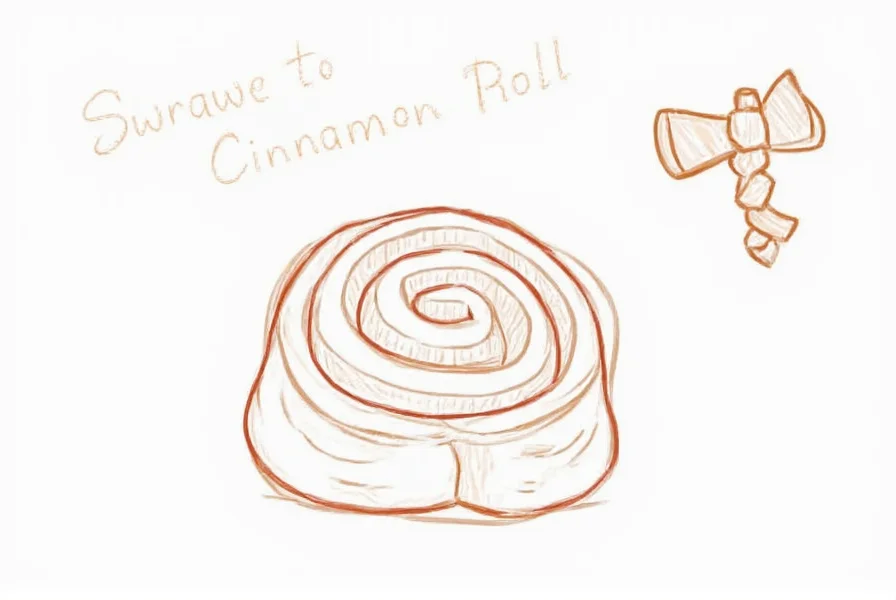 Step-by-step visual guide showing the spiral structure of a cinnamon roll with labeled components including dough layers, cinnamon filling, and icing details