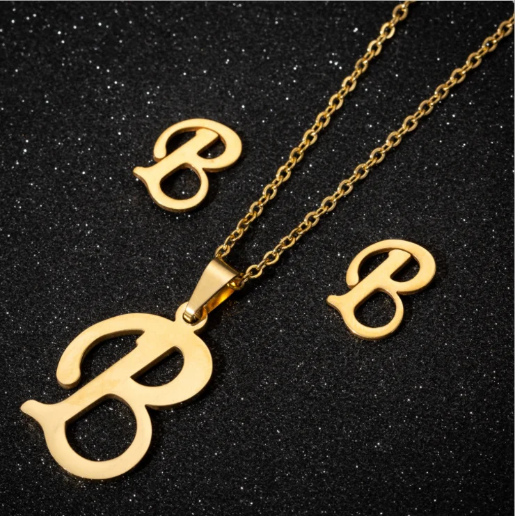 

Stainless Steel Jewelry Set 26 Letters Initial Necklace for Women Alphabet Pendants Necklaces Earring Set Friends Family Gift, Gold color