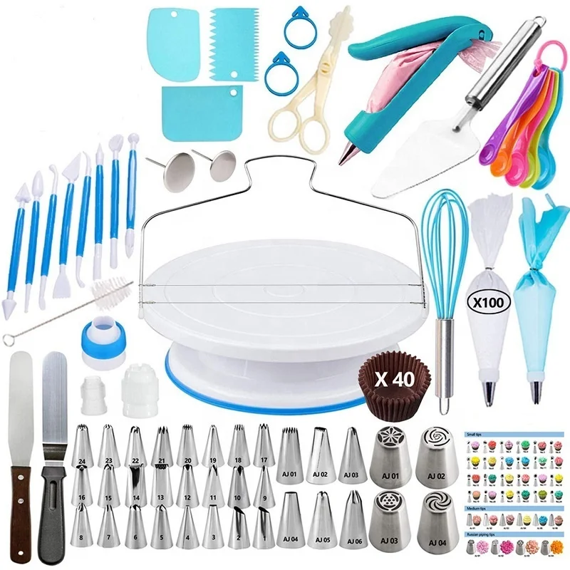 

207 PCS Professional Cake Decorating Tools Supplies Baking Supplies, Rotating Turntable Stand, Piping Bags, Blue