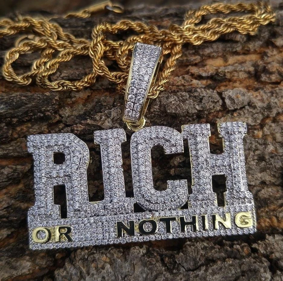 

iced out bling silver gold two tone plated hip hop men boy jewelry micro pave cz letter rich or nothing pendant necklace