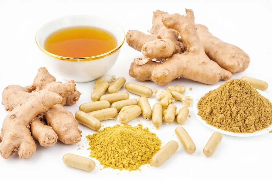 Various ginger products including fresh root, powder, capsules, and tea