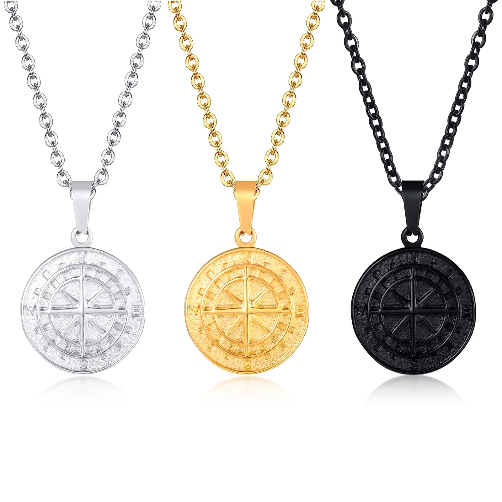 

Stainless Steel Compass Pendant Gold Coin Compass Mens Hip Hop Necklace