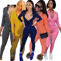 

MT54-8192 Woman Striped bodycon Long Sleeve Jumpsuit Sexy Rompers Lady Casual Clothes Deep v-neck Sportswear