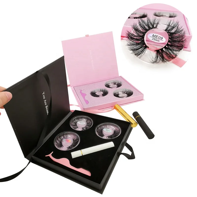 

Wholesale private label magnetic round tray eyelash box kit strip lash glue applicator tweezers 3 pairs mink lashes book vendor