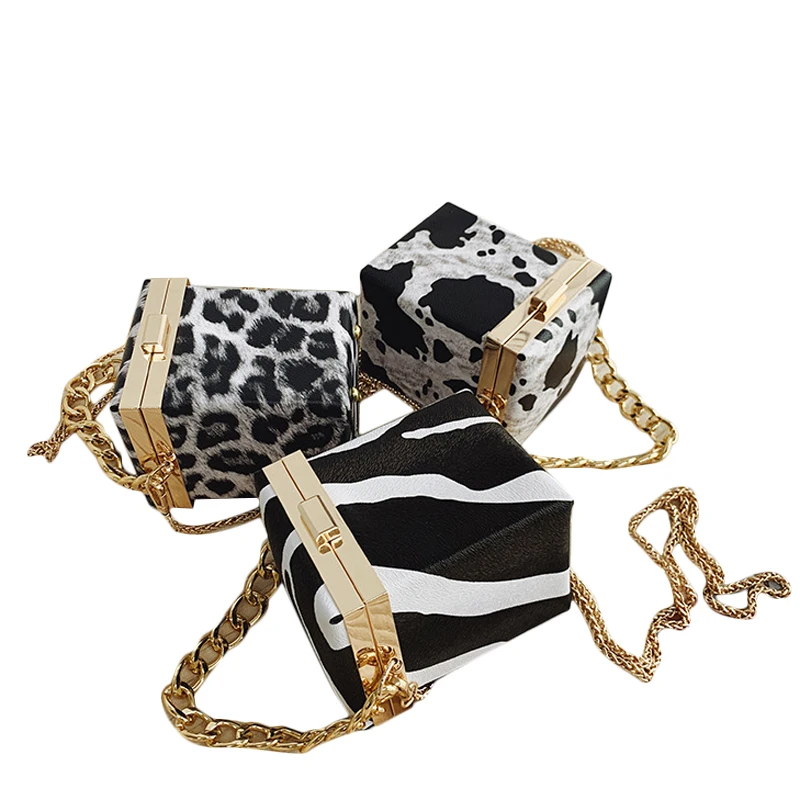 

Leopard Zebra Cow Pattern Leather Chain Luxury Box Purses and Handbags for Women, Cow,leopard,zebra