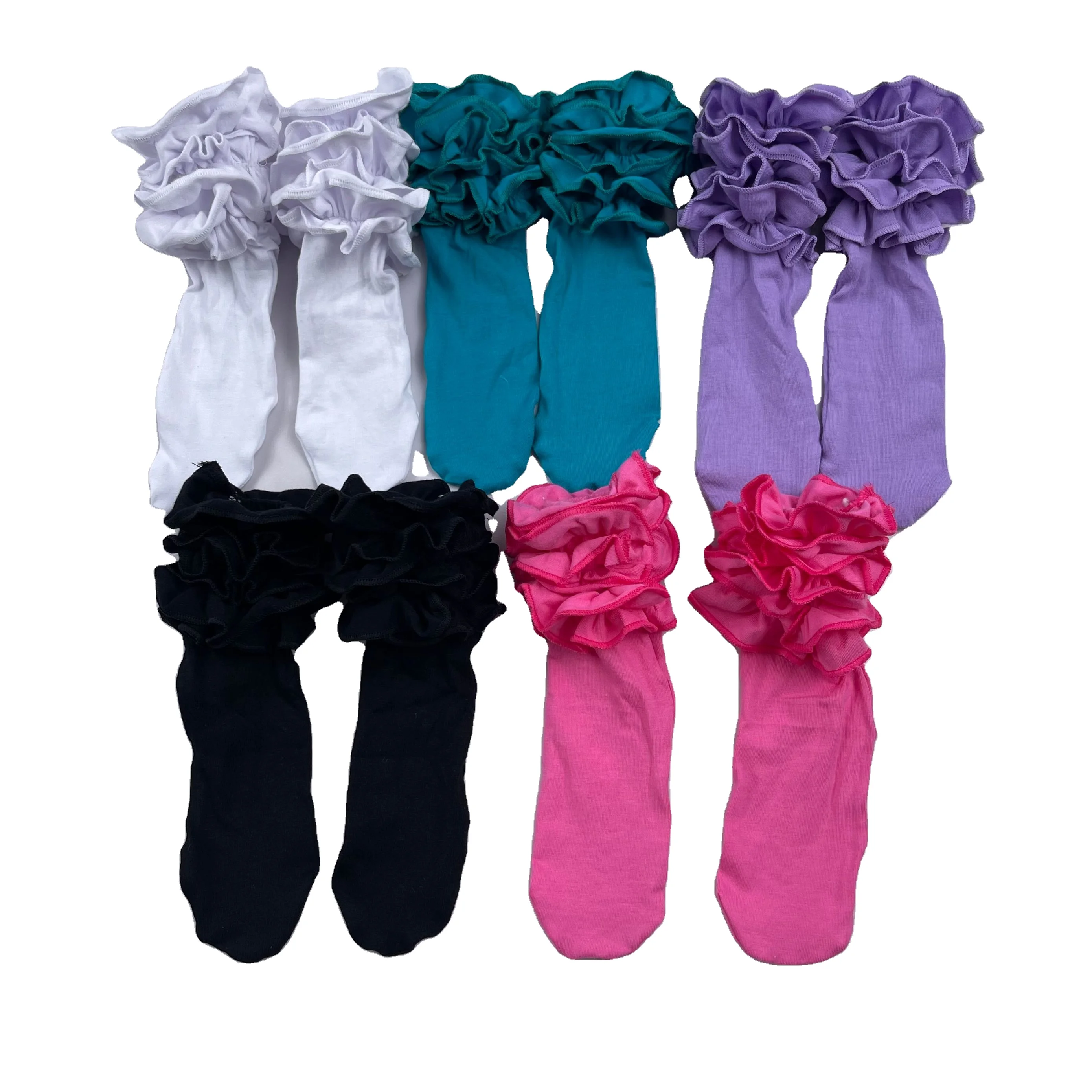 

QL2021 wholesale toddler clothes solid cotton socks ruffle mid-calf length sock kid clothes sets baby socks knee high, Picture