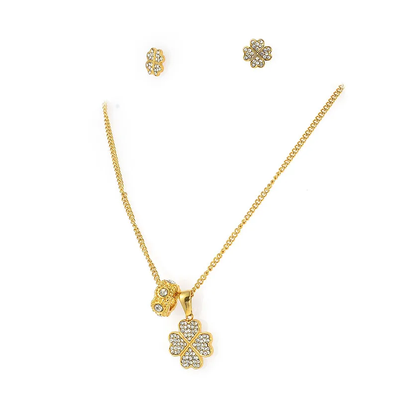 

18 K Gold Plated Zircon Clover Stainless Steel Jewelry Sets for Women Wedding