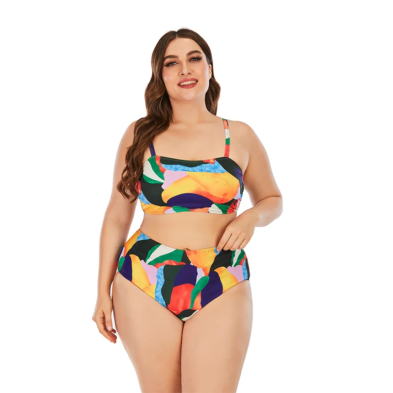 

Custom Women Plus Size Color Block Bikini Wireless High Waisted Recycled Nylon Swimwear Two pieces Bikini Suit