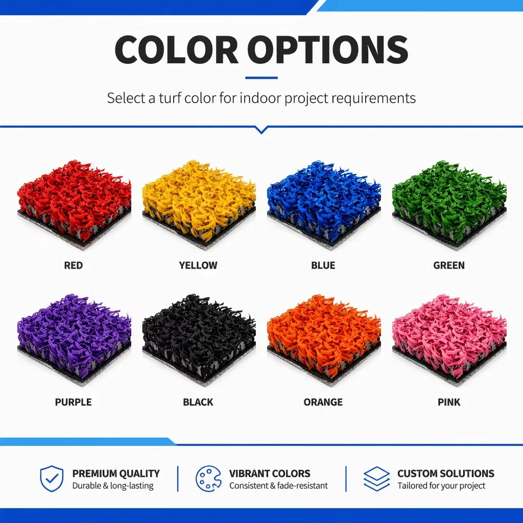 Eight standard MCG PADEL turf colours: red, yellow, blue, green, purple, black, orange and pink