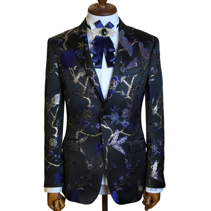 

MTM suits bespoke made to measure custom Jacquard fabric blue and black blazer two buttons bird and flower, Black jacquard