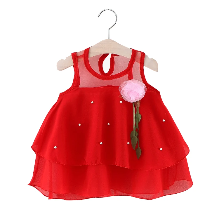 

kids new fashion pearl red floral baby girl layered dress 2021 spring summer yishiyuan children beaded lace skirts