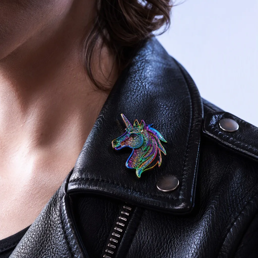 Enamel Pin on Black Leather Jacket Lapel
