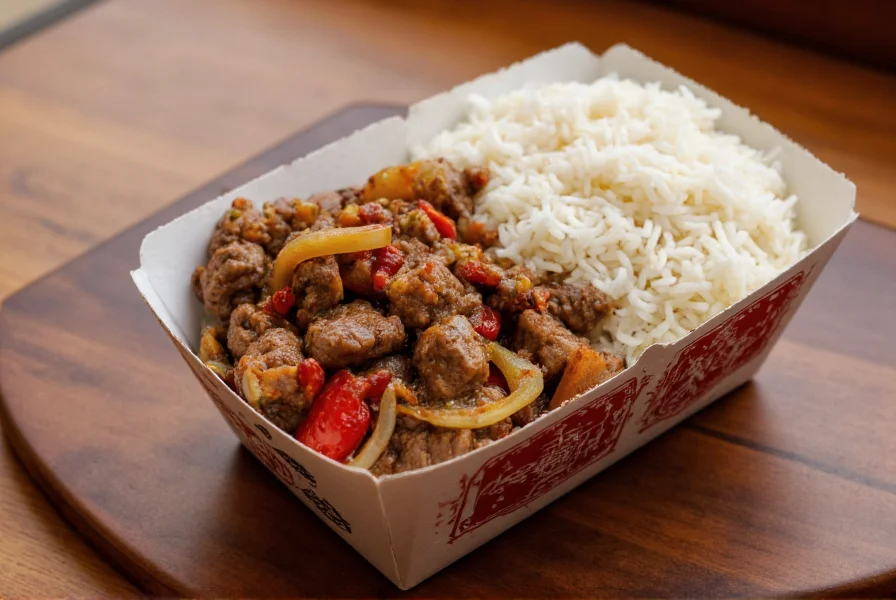 Traditional Chinese takeout container filled with pepper steak and onions beside steamed rice