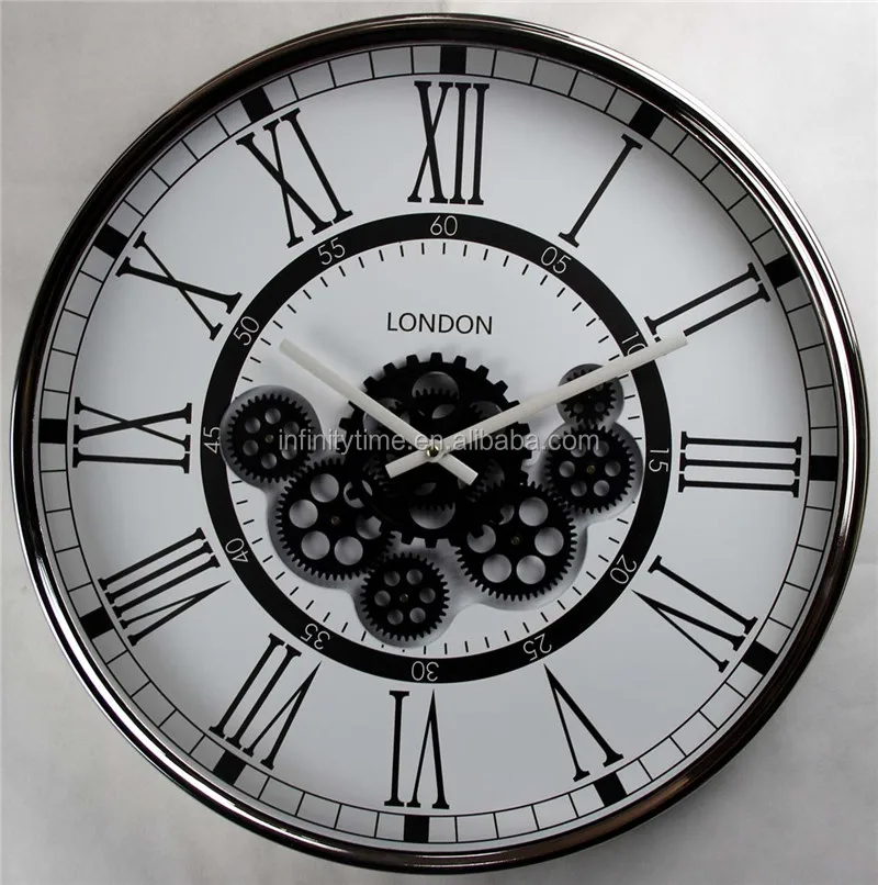 80x80cm Square Modern Moving Gears Wall Clock - Grey With Silver Distressed  Metal