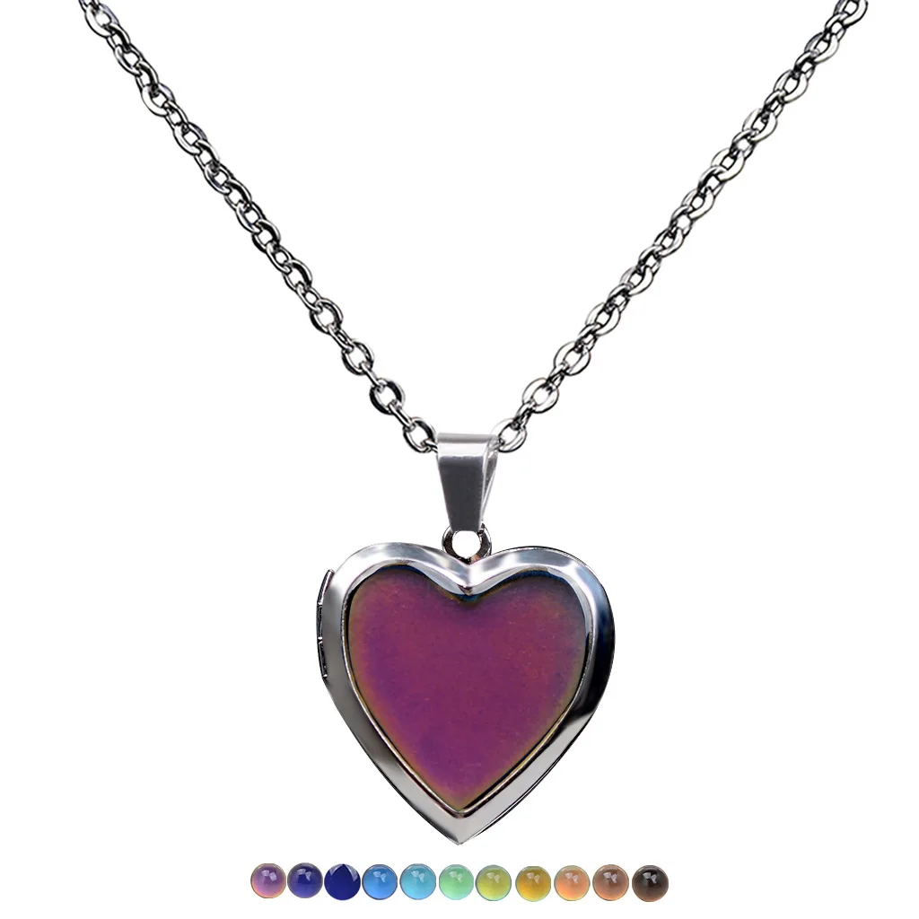 

Hot Sale Discolor Necklaces for Women Thermochromic Temperature Sensing Heart Picture Frame Photo Locket Pendant Necklace