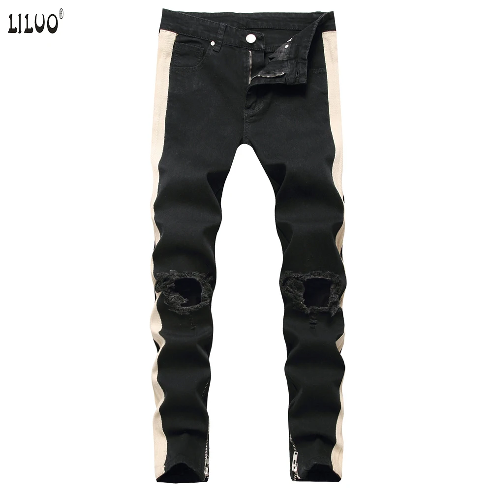 

Liluo Skinny New With Holes Knee Slim Side Zipper Jeans Jeans For Men Small Feet Pant Men Side Stripes Hip Hop Jeans, Customized color