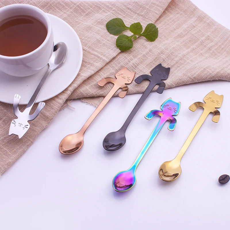 Mini Cat Spoon Cubiertos Small Tea Gold Spoon Stainless Steel Coffee ...