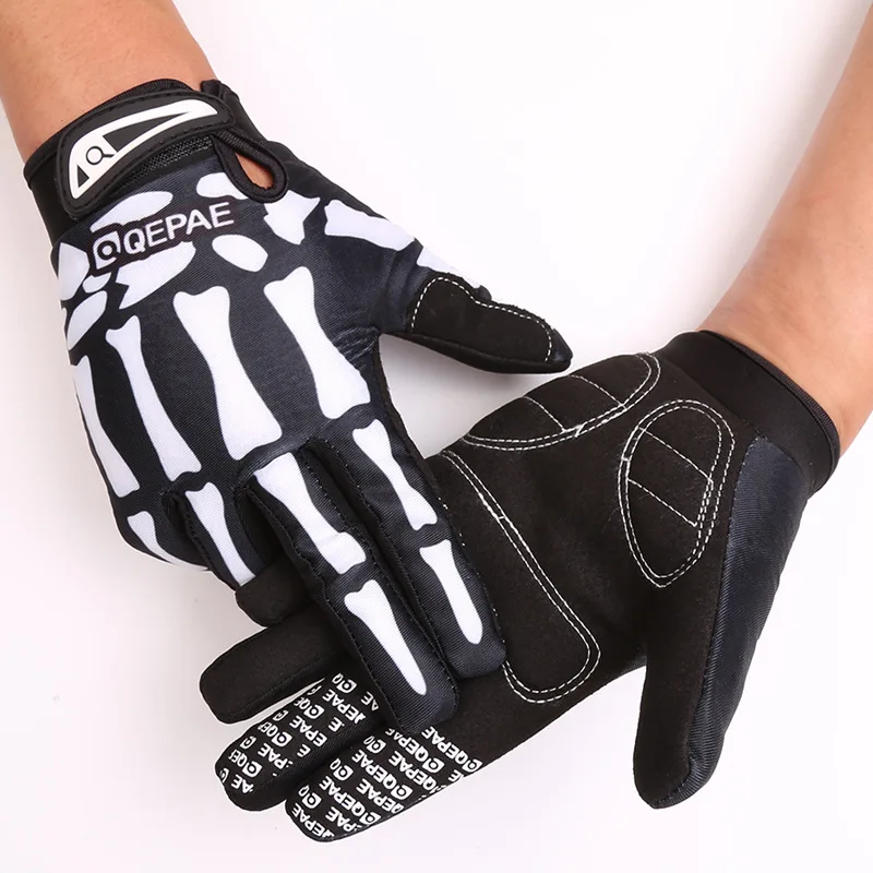 

Full Finger Skull Printing Silicone Gel Shock Resistant Durable Padded Palm Protection MTB Cycling Gloves, Black , green