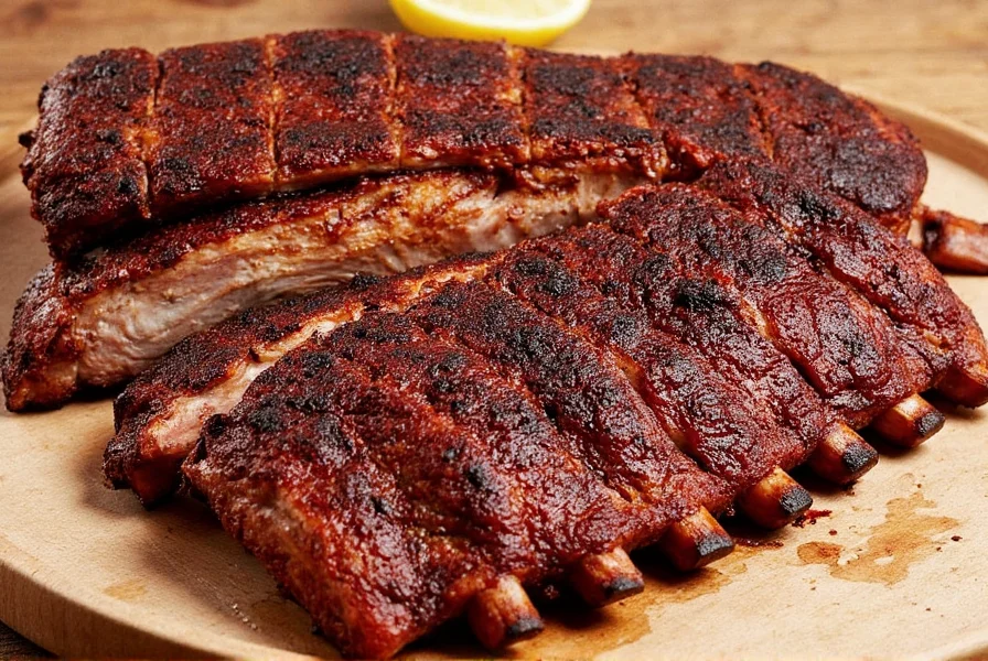 Garnished baked ribs served on plate