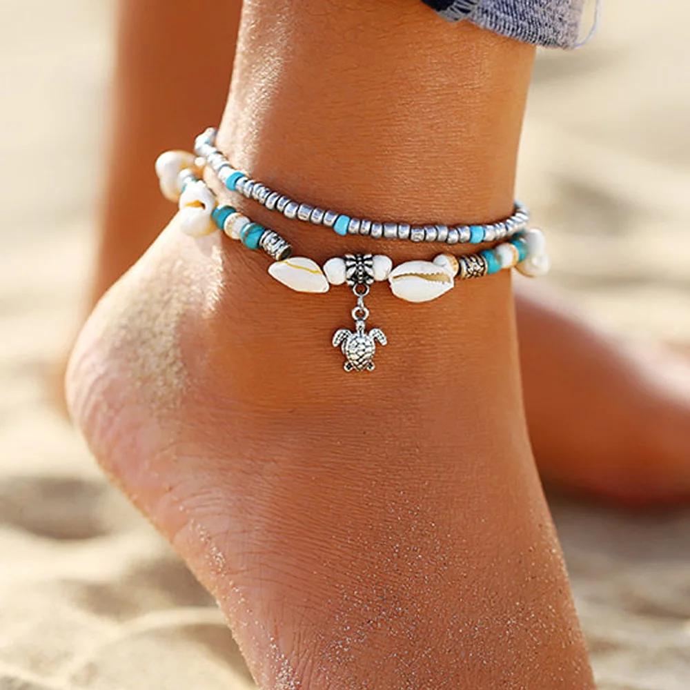 

Fashion Design Bohemian Vintage Women Ocean Beach Jewelry Natural Turquoise Shell Turtle Anklet, Picture shows