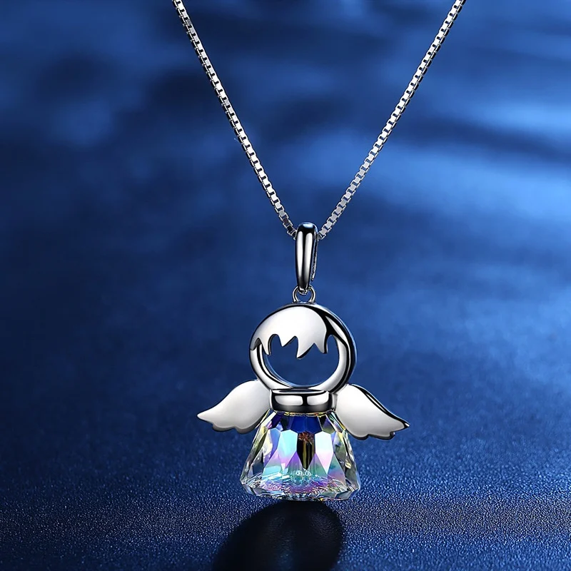 

Fashion 925 Sterling Silver Crystal Angel Pendant Necklace Cute Romantic Women Girlfriend Gifts Fine Elegant Jewelry