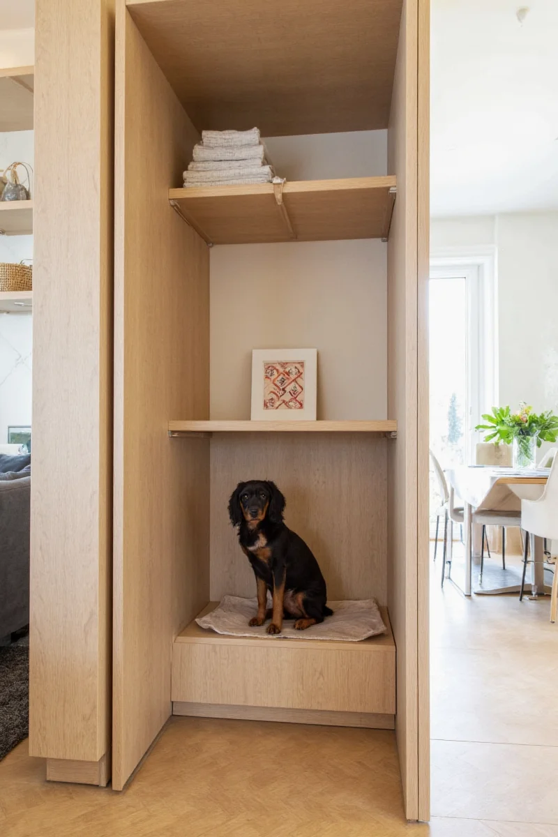 Wooden mudroom bench with coat hooks above, dog towel bar and paw print welcome mat below