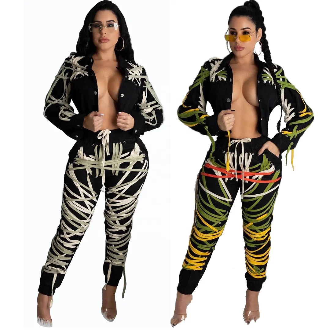

YD Tops fashionable spring two piece jacket and pant sets three-dimensional multi-layered drawstring 2 piece set women