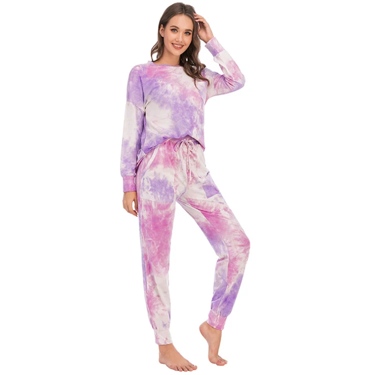 

Hot Fashion Style Autumn Winter Women's Long Sleeve Tie Dye Adult Pajamas Set, 5 colors