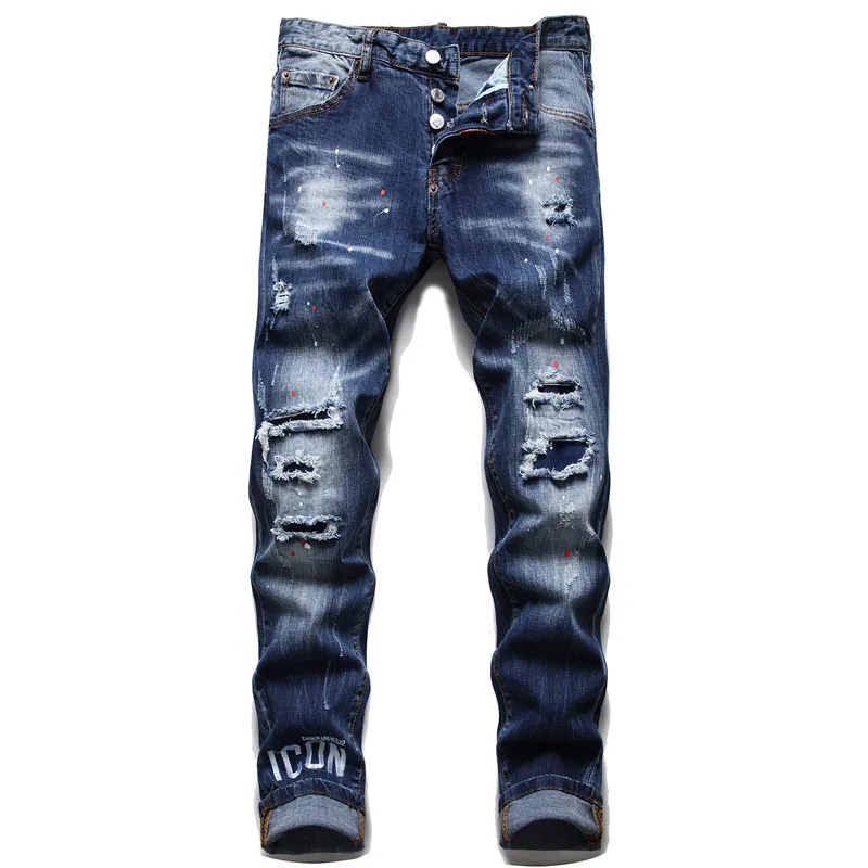 

DS Hole Patch jeans men's badge decoration maple leaf 2021 elastic jeans men's new