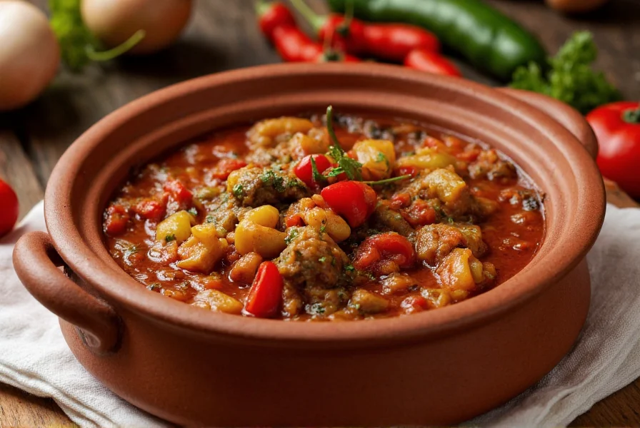 Traditional Argentine dish featuring argentine chili in a clay cooking pot with fresh ingredients
