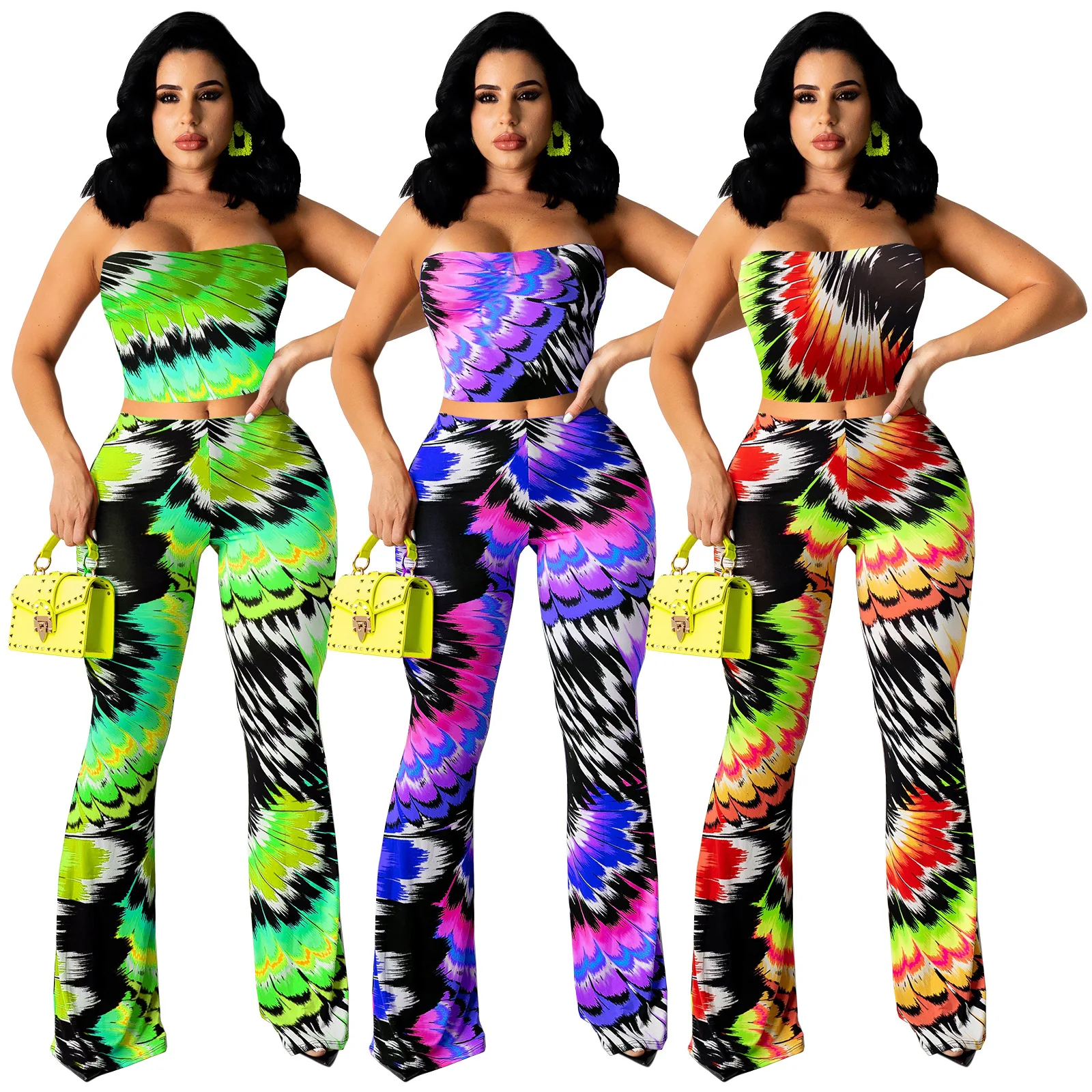 

Spring and summer women's clothing two-piece set of random painted and printed wrapped chest and trousers