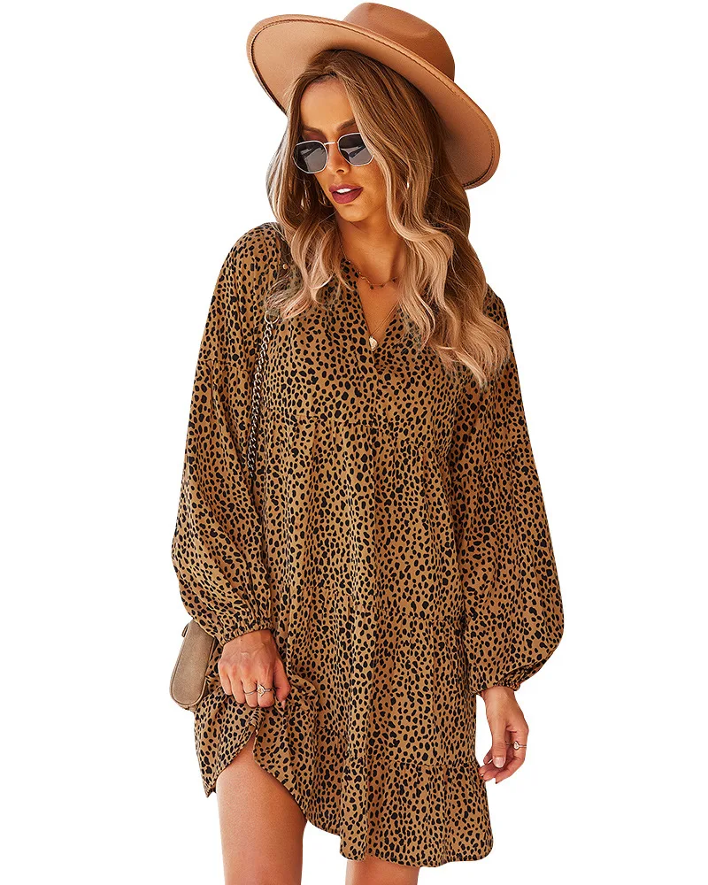 

Autumn Long Sleeve Leopard Print Slim MIni Dress Loose Women Casual Dress Women