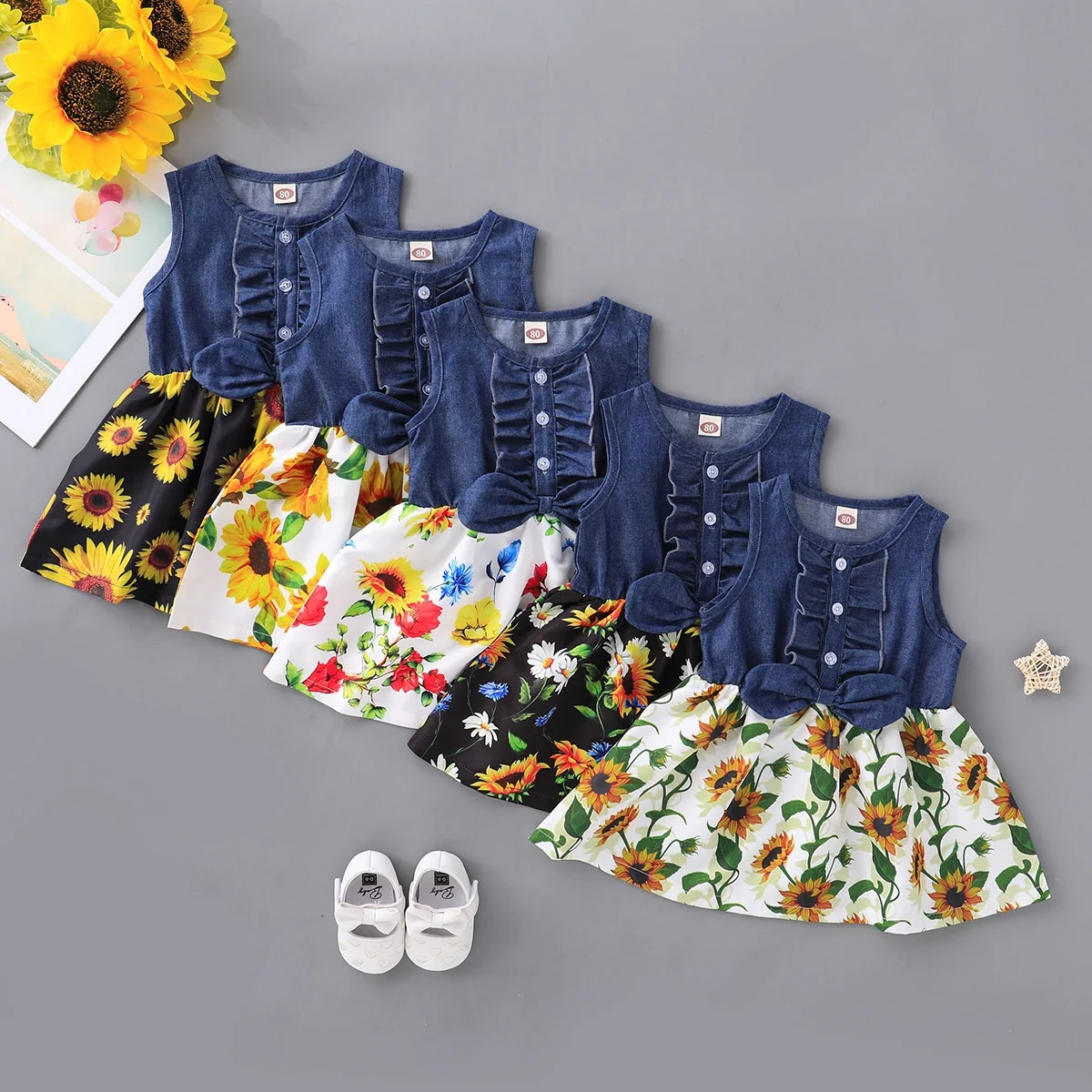 

2020 Kids Baby Girl Dress Floral Denim Bow Sleeveless Party Dress Summer Casual Sundress Clothes 1-4y