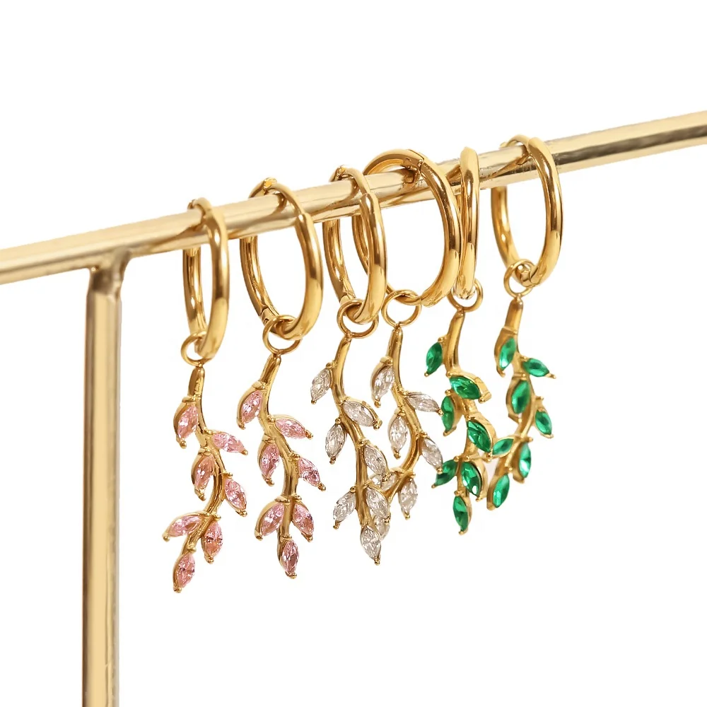 

18K Gold Plated Stainless Steel Branch Shape Oval Zircon Pendant Hoop Earrings For Dainty Jewelry