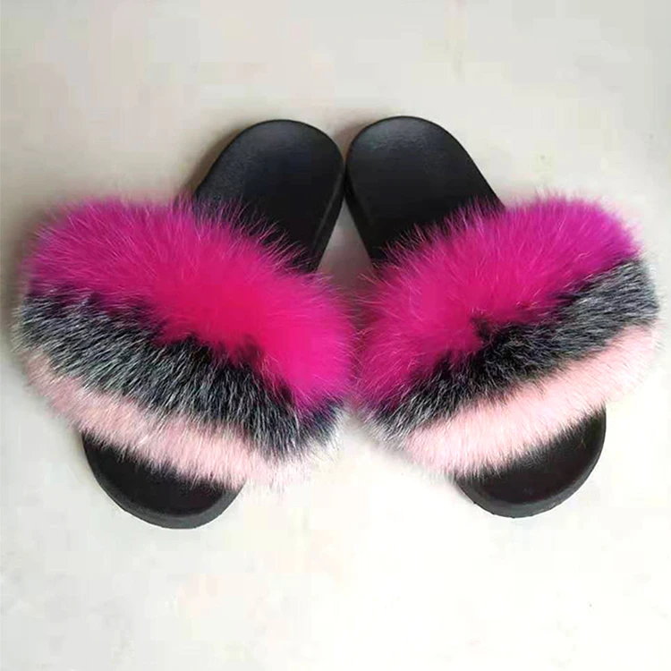

Wholesale wear-resistant sole plush raccoon fur slippers non-slip home ladies fox fur flip-flops, Customized color