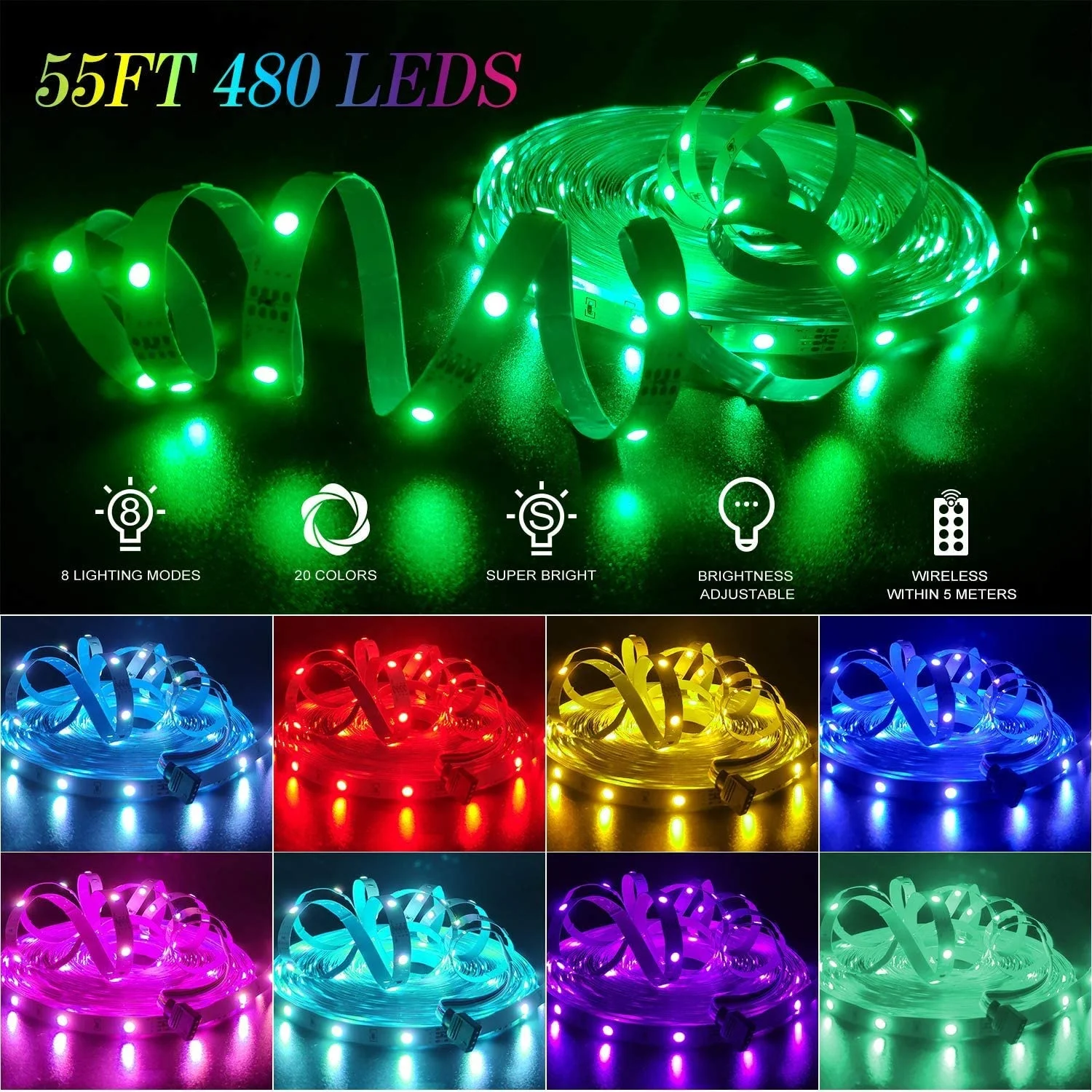 55ft/16M LED Light Strip RGB Soft Rope Lights 5050 480 LEDs Non Waterproof Tape Light with 44 Keys Remote for Indoor Decor
